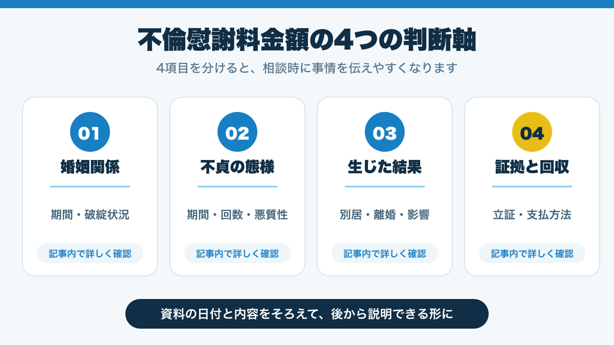 不倫慰謝料金額の4つの判断軸を整理した図解